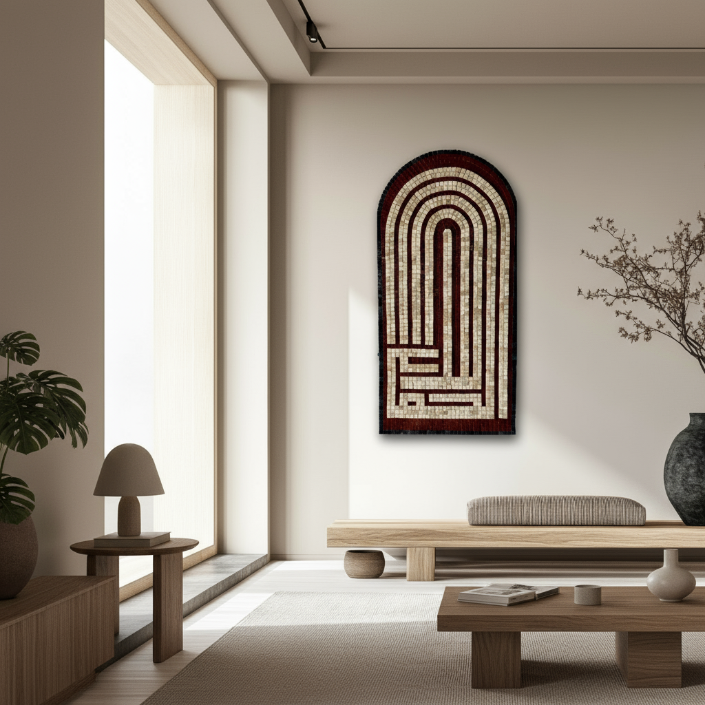 Elegant 'Alhumdulilah' Islamic Calligraphy in Black & Red Stone Mosaic Wall Art