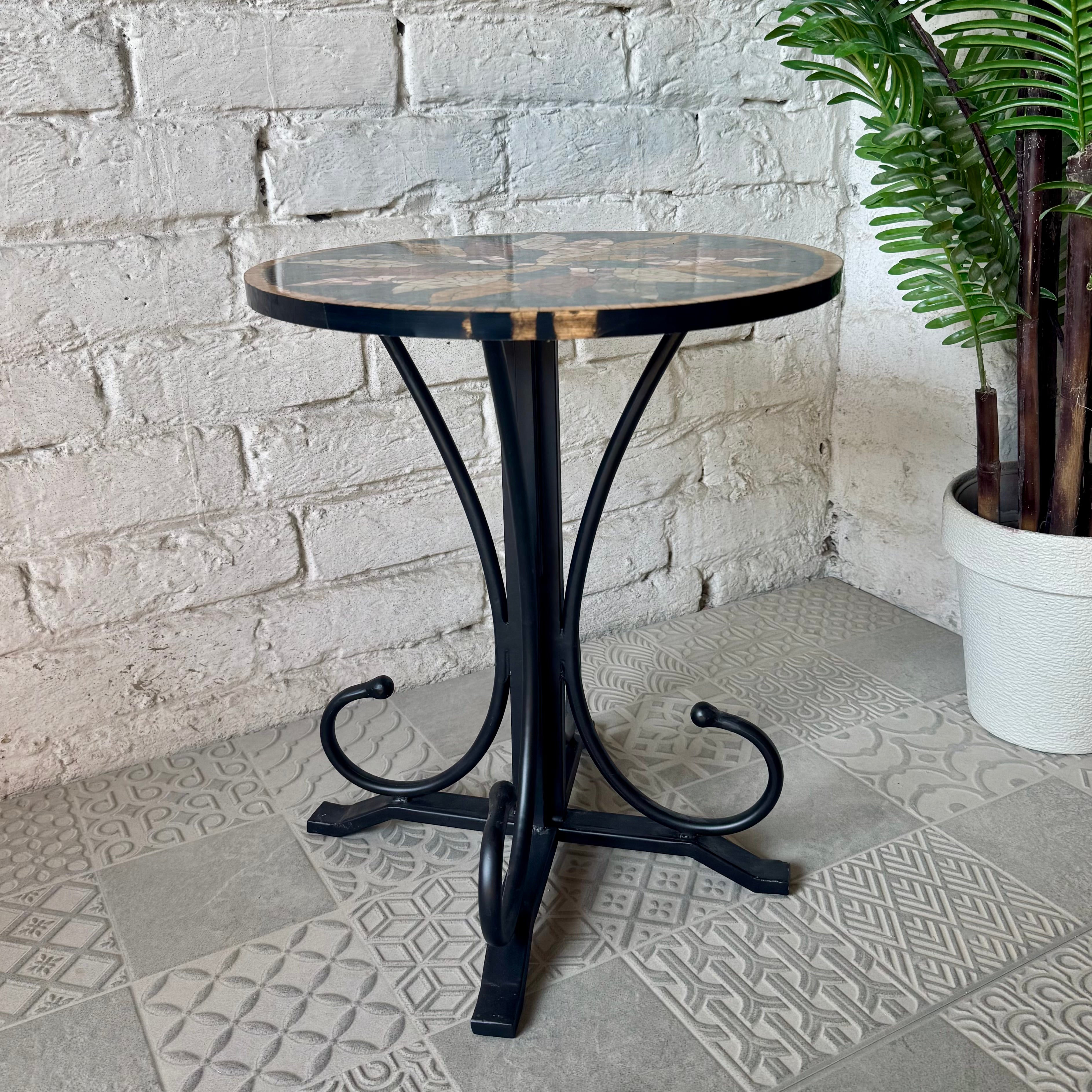 Dark Floral Harmony Mosaic Coffee Table - Ornate Curve Base with Mosaic Art Patterns