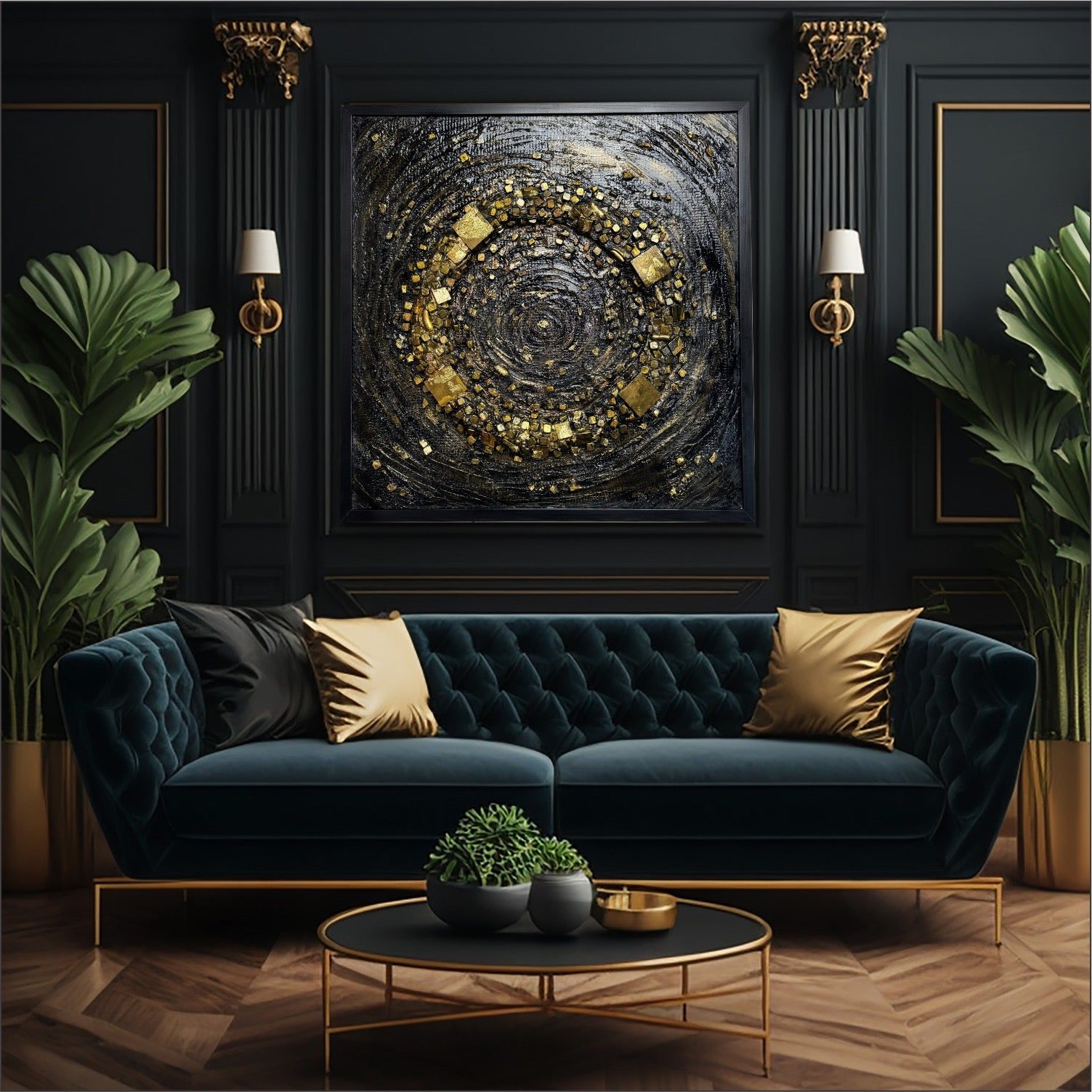 A handcrafted round stone mosaic wall art with a cosmic black hole design, displayed above a dark-colored sofa in a room with black walls and gold accents.