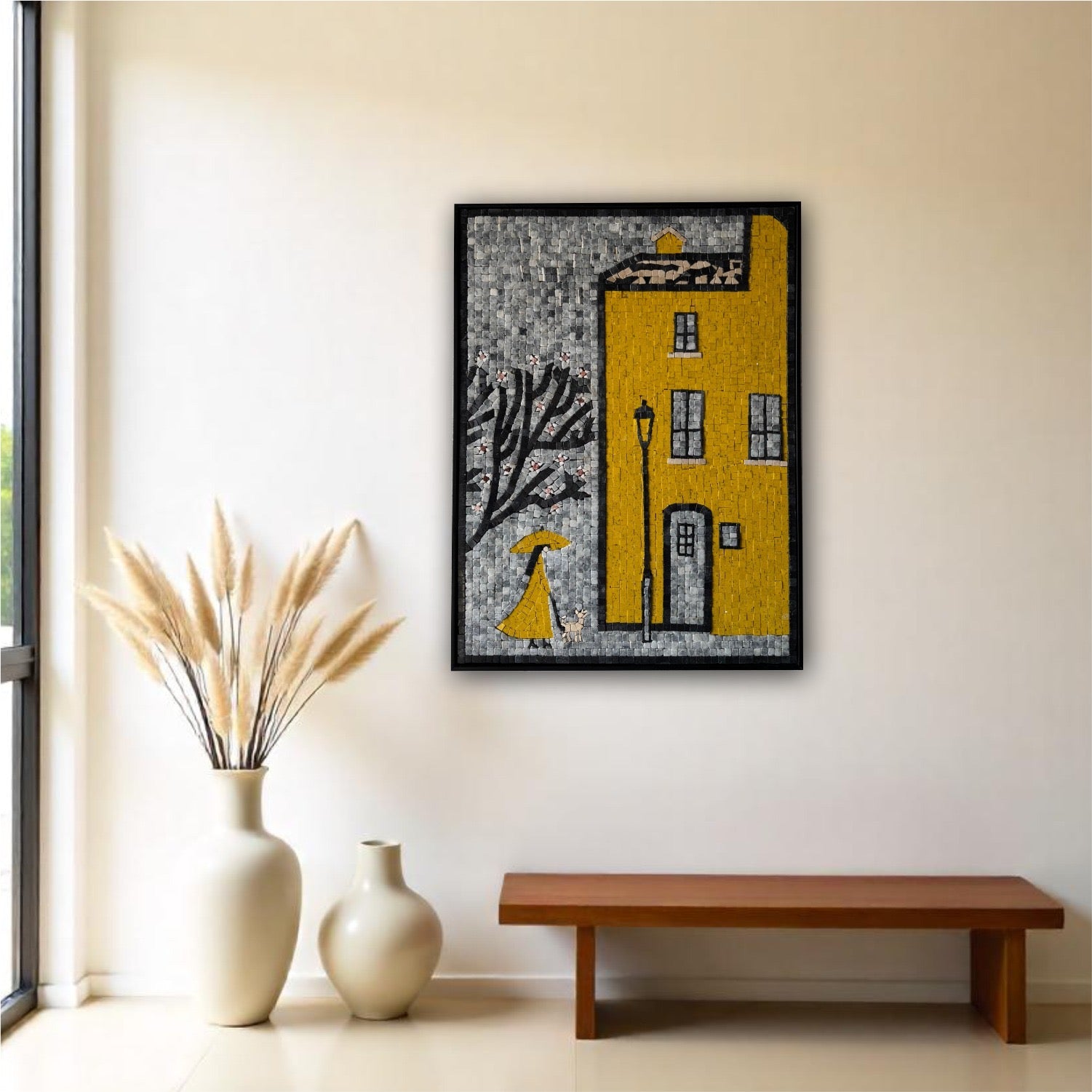 Artisan Premium Mosaic Artwork Hanging – Modern Yellow City & Umbrella Motif