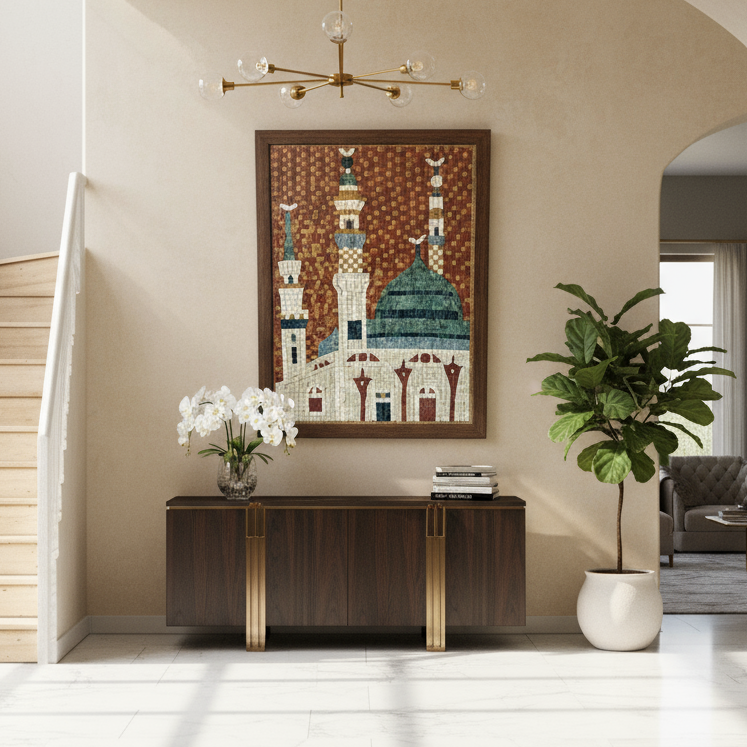 Decorative wall art of Masjid Nabwi designs in a modern living room.