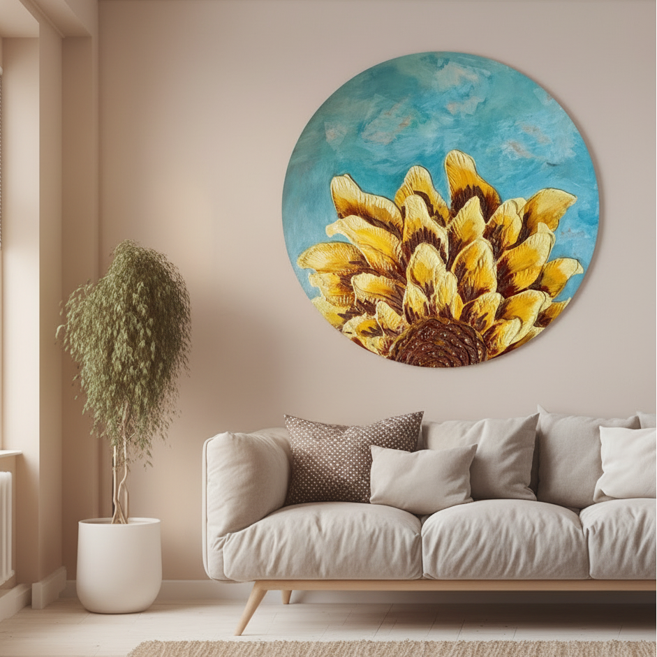 Golden Sunflower Bloom - Handmade Mosaic Texture Work with Earthy Tones