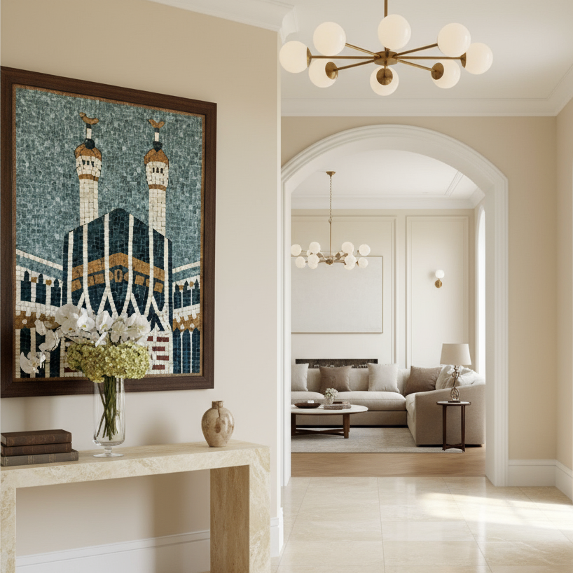 Decorative mosaic of a Khana Kabba on a wall in a stylish living room.