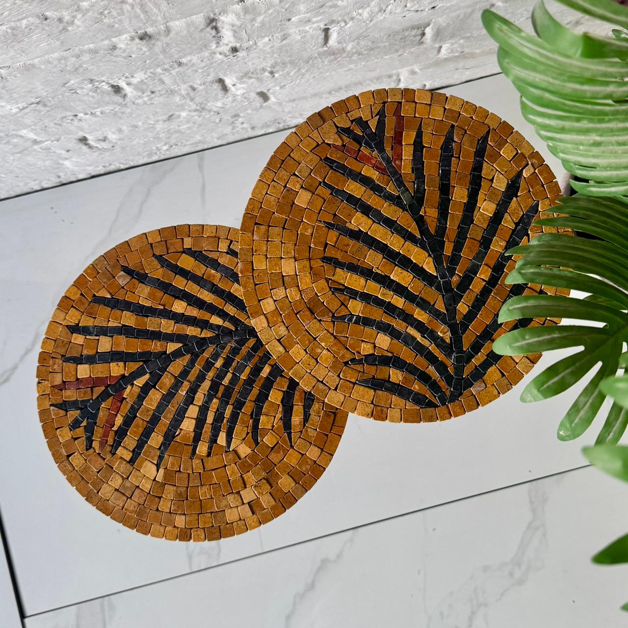 Lux Gold Mosaic Nesting Tables with Black Palm Motif