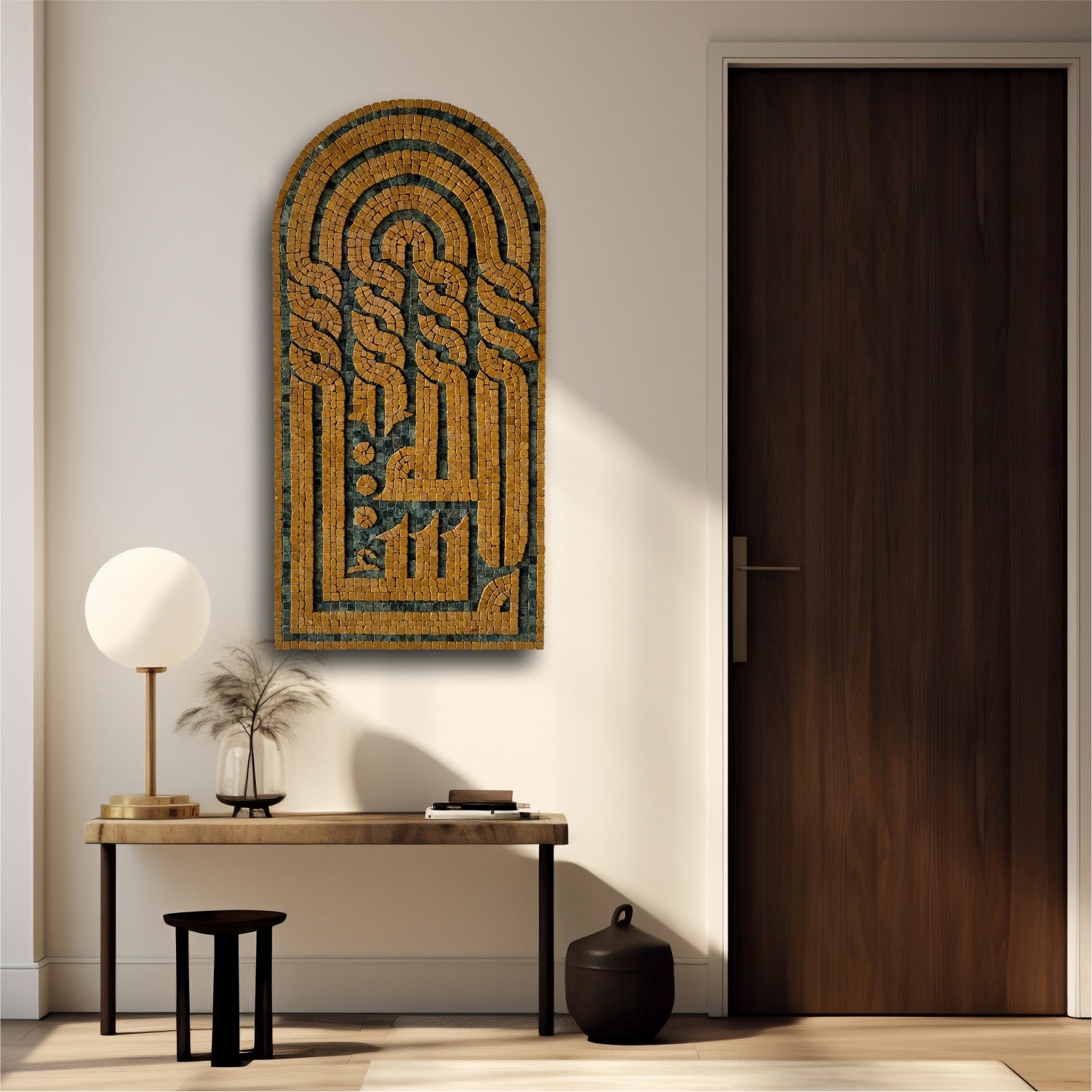 Islamic calligraphy wall hanging Mashallah in Kufic script, mounted on a wall above a modern console table.