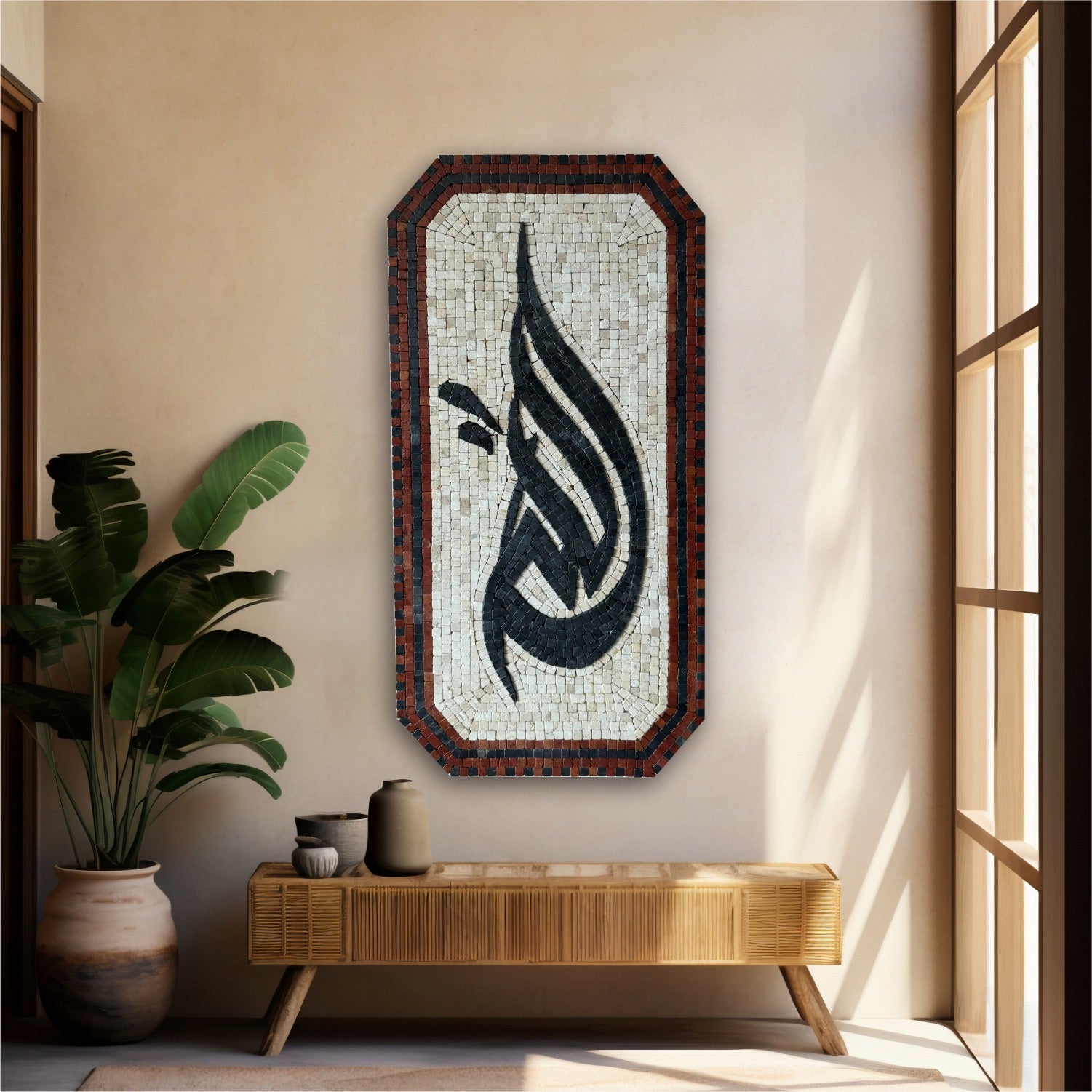 An Islamic 'Allah' wall hanging with a white, black, and red stone mosaic in a room with natural lighting.
