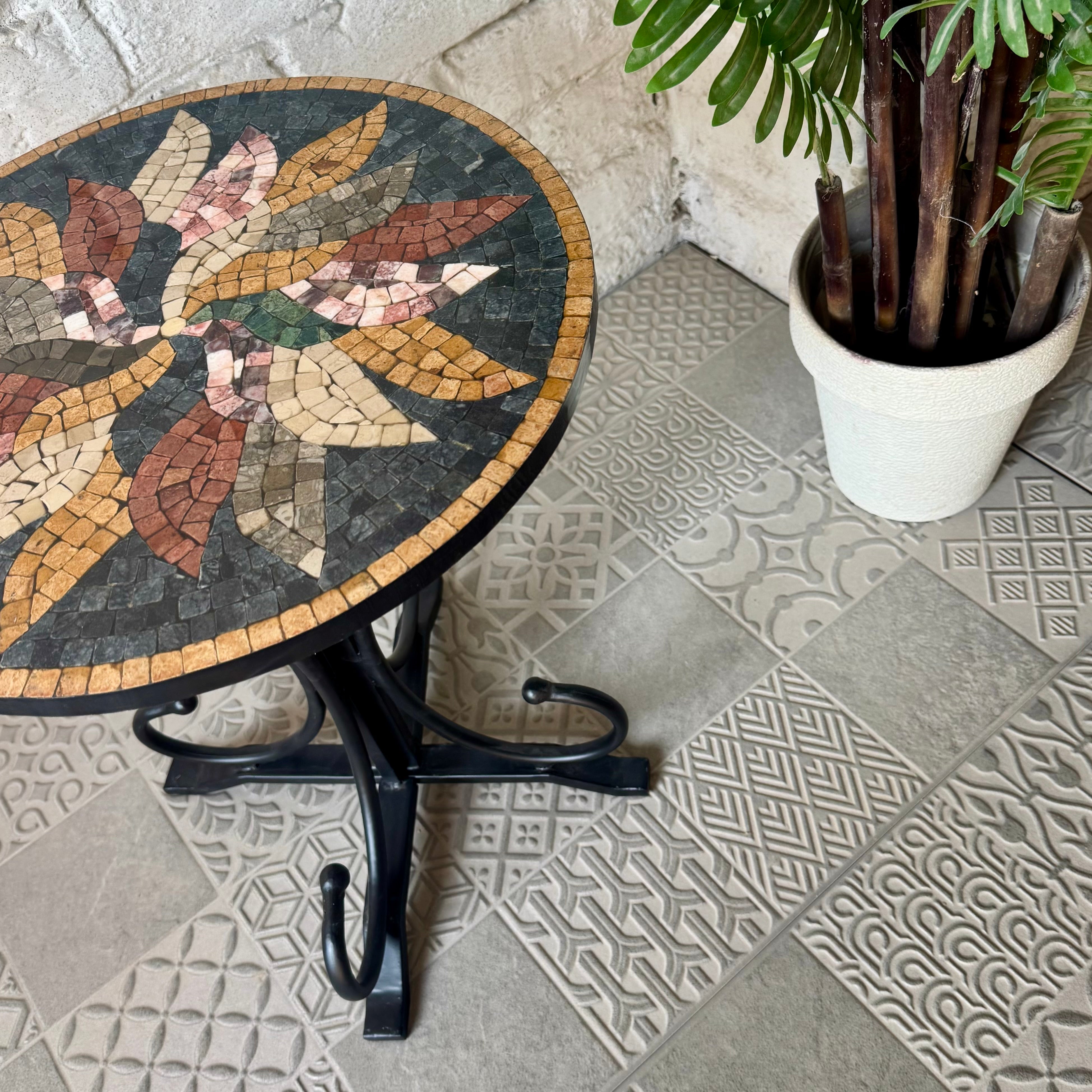 Dark Floral Harmony Mosaic Coffee Table - Ornate Curve Base with Mosaic Art Patterns