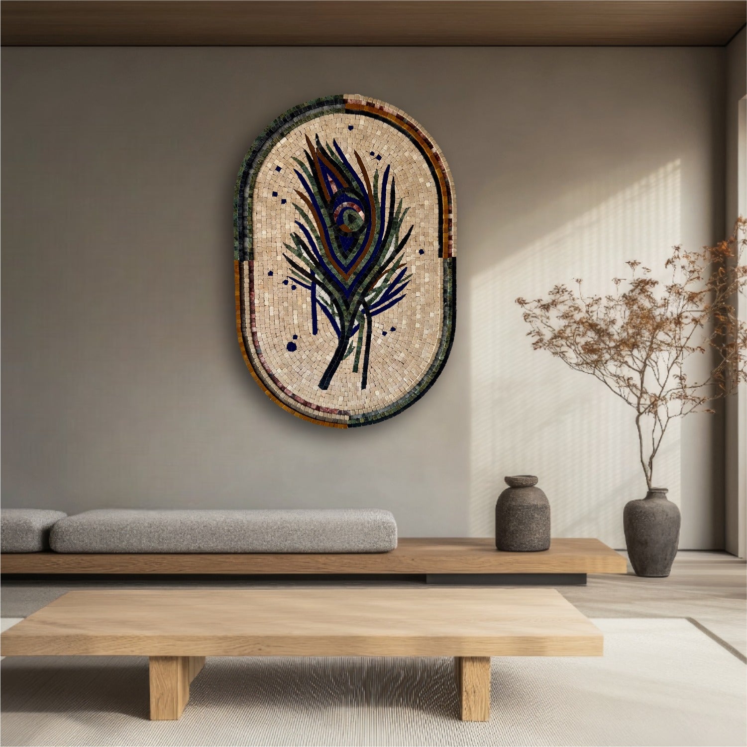 Oval Peacock Mosaic Wall Hanging – Handcrafted Mosaic Wall Art with Vibrant Detailing