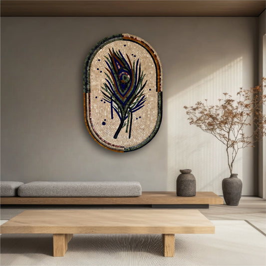 Oval Peacock Mosaic Wall Hanging – Handcrafted Stone Artwork with Vibrant Detailing