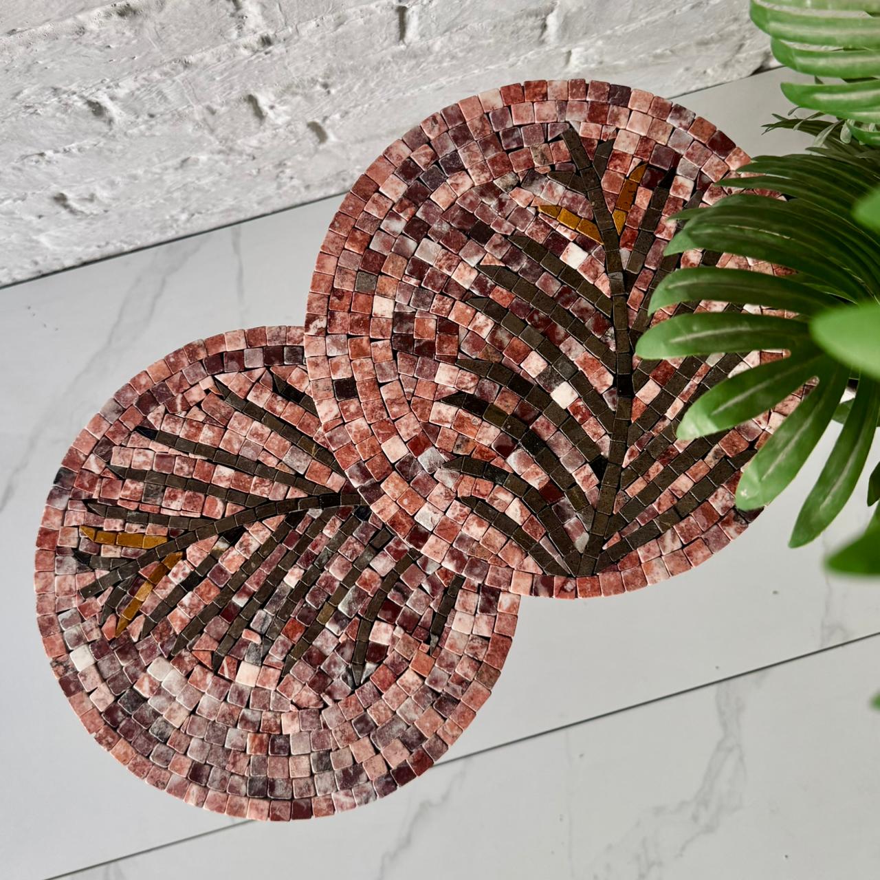 Lux Rose Mosaic Nesting Tables with Coffee Palm Motif