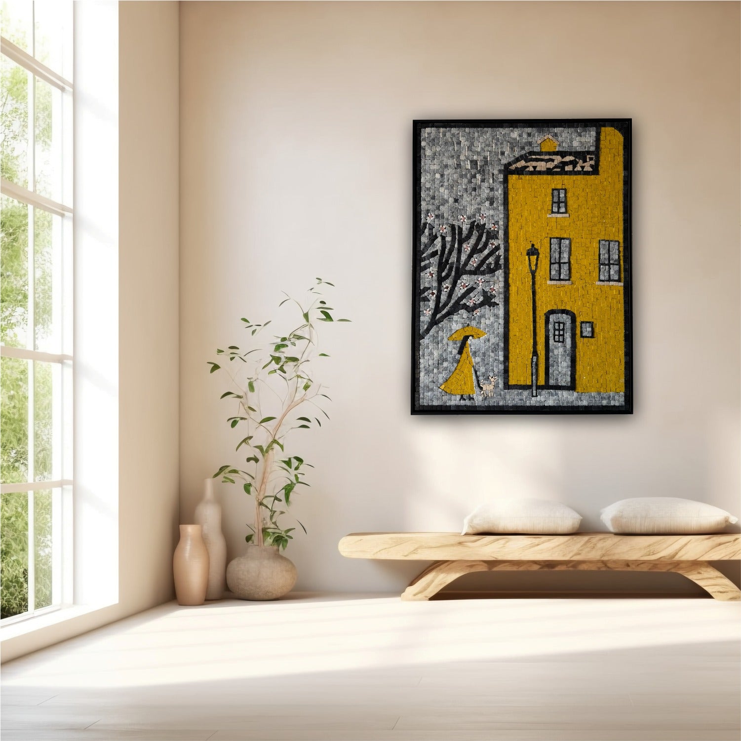 Artisan Premium Mosaic Artwork Hanging – Modern Yellow City & Umbrella Motif