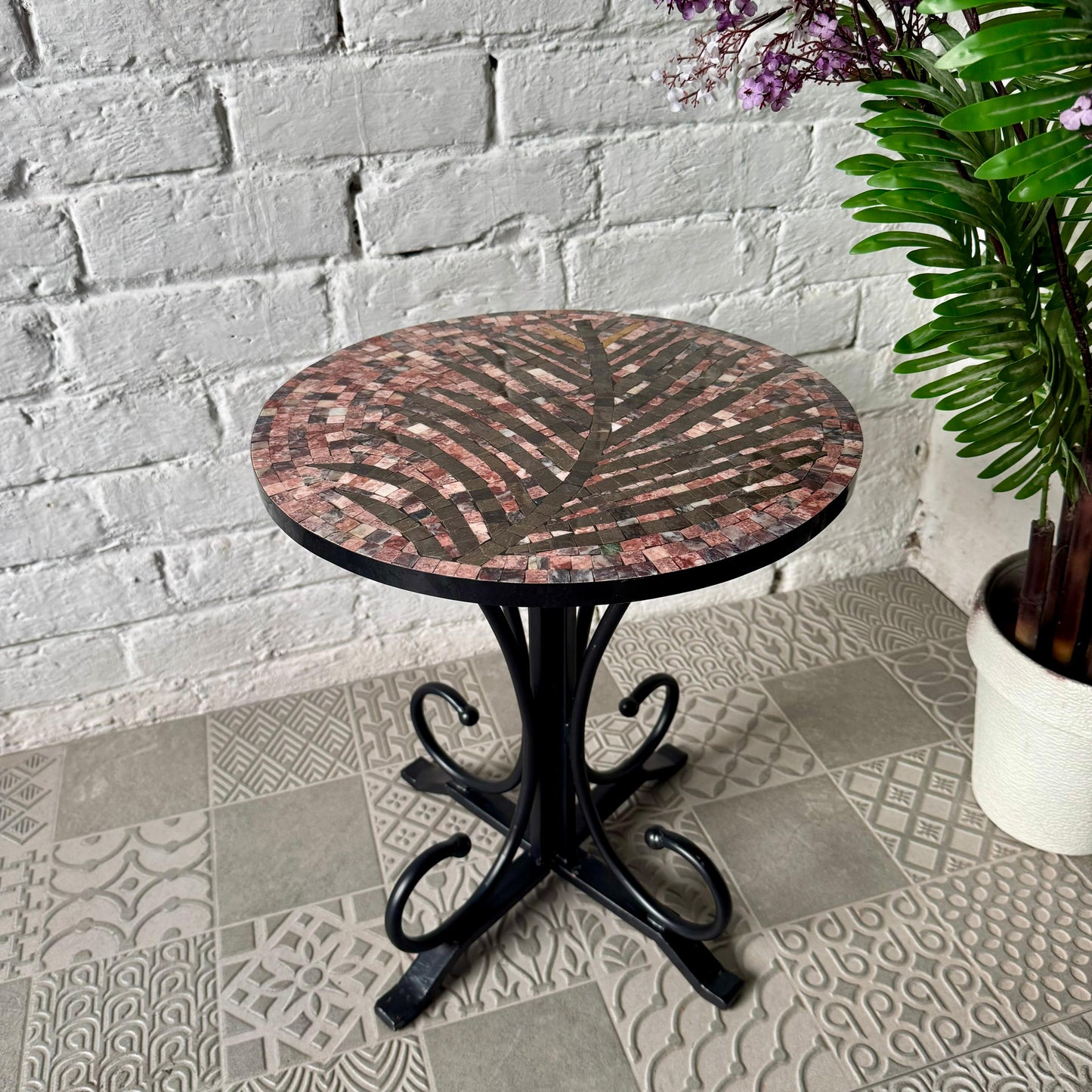 Rosewood Tea Leaf Stone Coffee Table - Ornate Curve Base