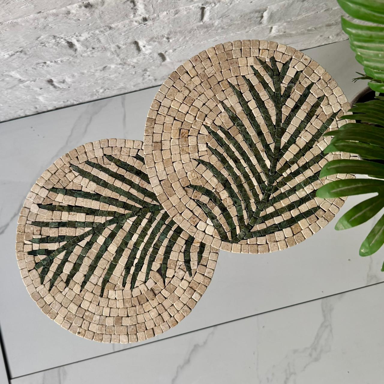 Lux Cream Mosaic Nesting Tables with Basil Palm Motif