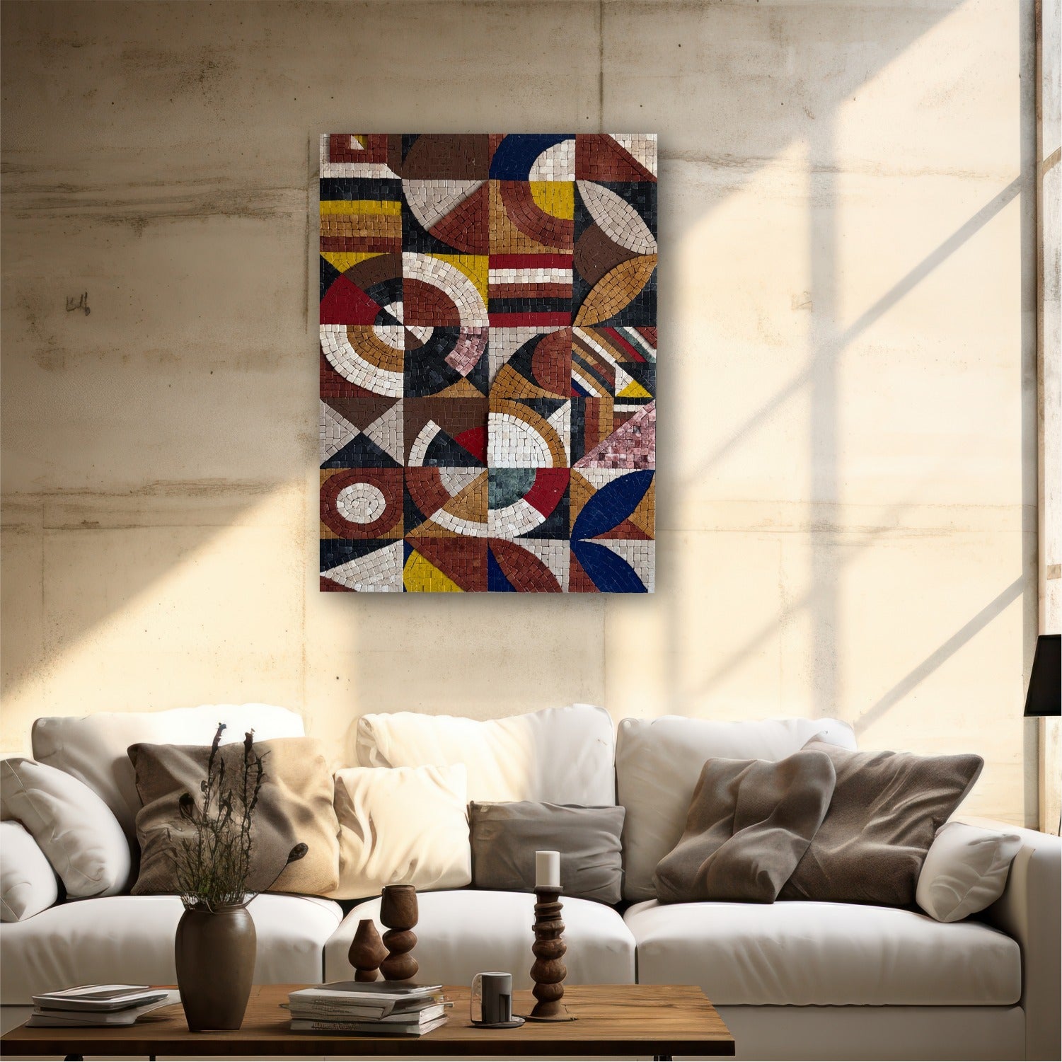 A geometric abstract mosaic wall art made from a blend of natural and artificial stones, displayed on a wall above a modern sofa setup.