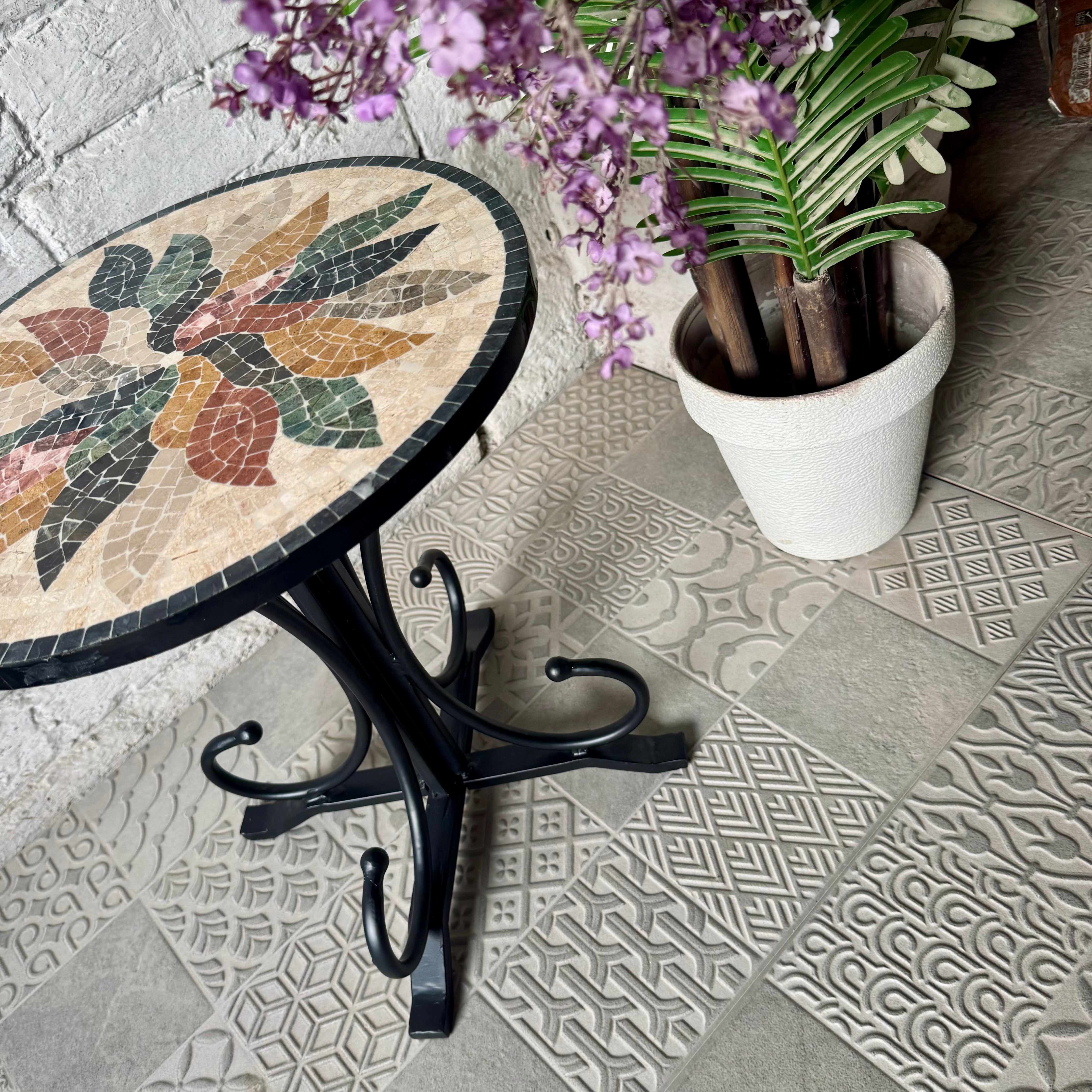 Floral Harmony Mosaic Coffee Table - Ornate Curve Base for Western Home Decor