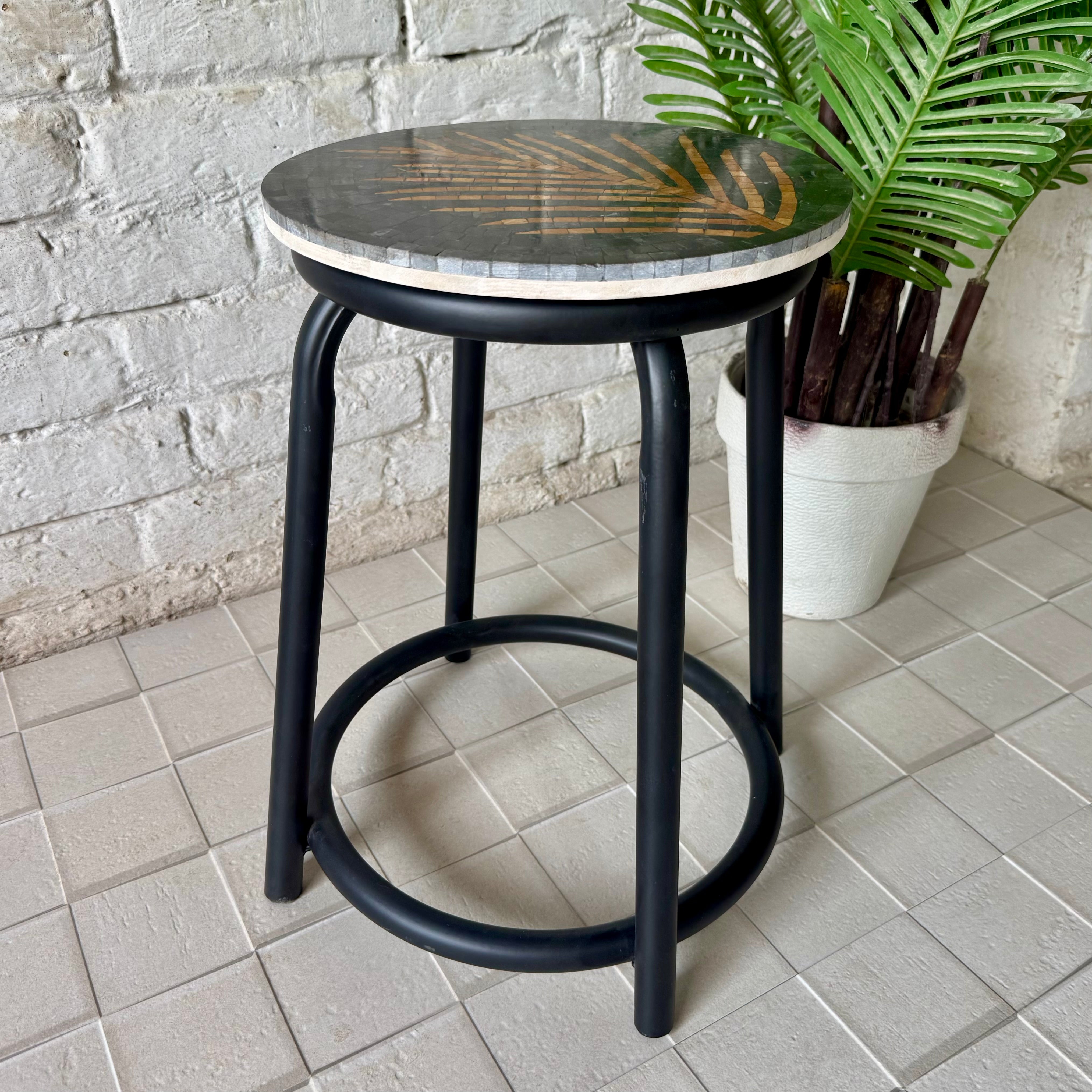 Palm Leaf Mosaic Stool – Antique-Inspired Mosaic for Quirky Home Decor