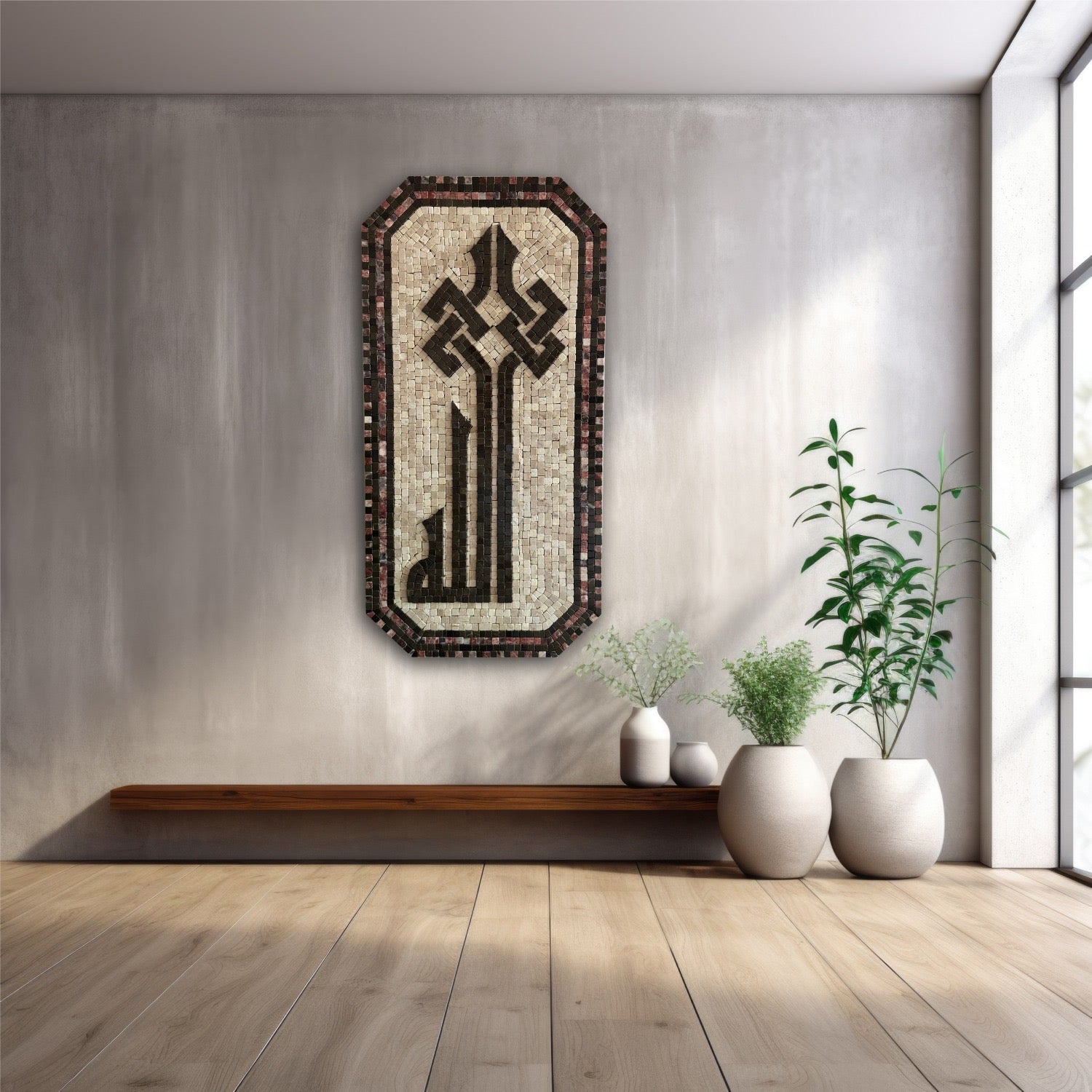 An Islamic 'Allah' wall hanging featuring a geometric design with white, black, and rose colored stones, mounted on a wall above a bench with a plant and decorative vases.