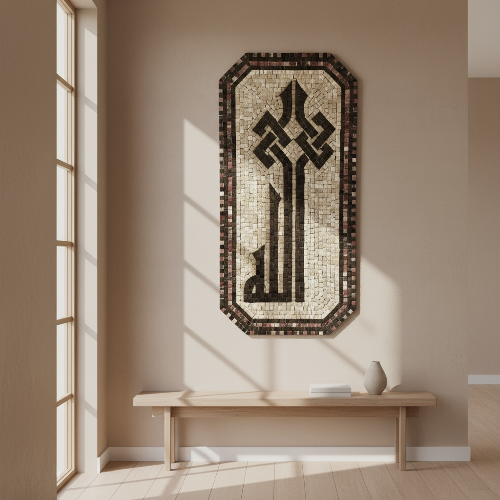 Islamic 'Allah' Wall Hanging | Islamic Mosaic Wall Art in White, Coffee, and Rose Stones