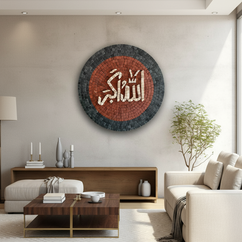 Modern living room with a decorative wall piece featuring Arabic calligraphy.