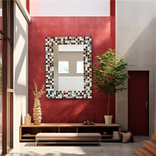 Artisanal Stone Mosaic Wall Mirror – Multicolor Handcrafted Elegance