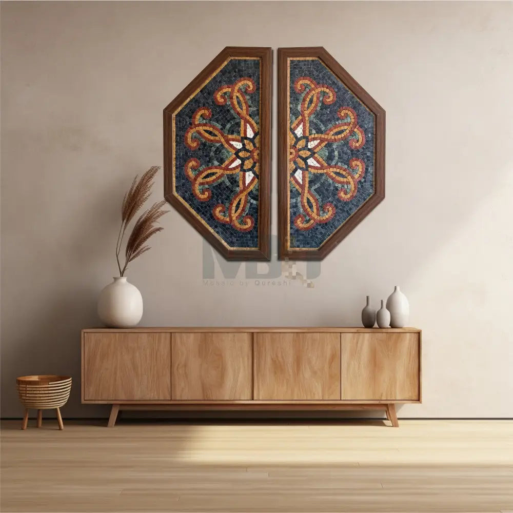 A mosaic wall art with geometric patterns in shades of blue, brown, and white, mounted on a wall above a wooden console table with decorative items.