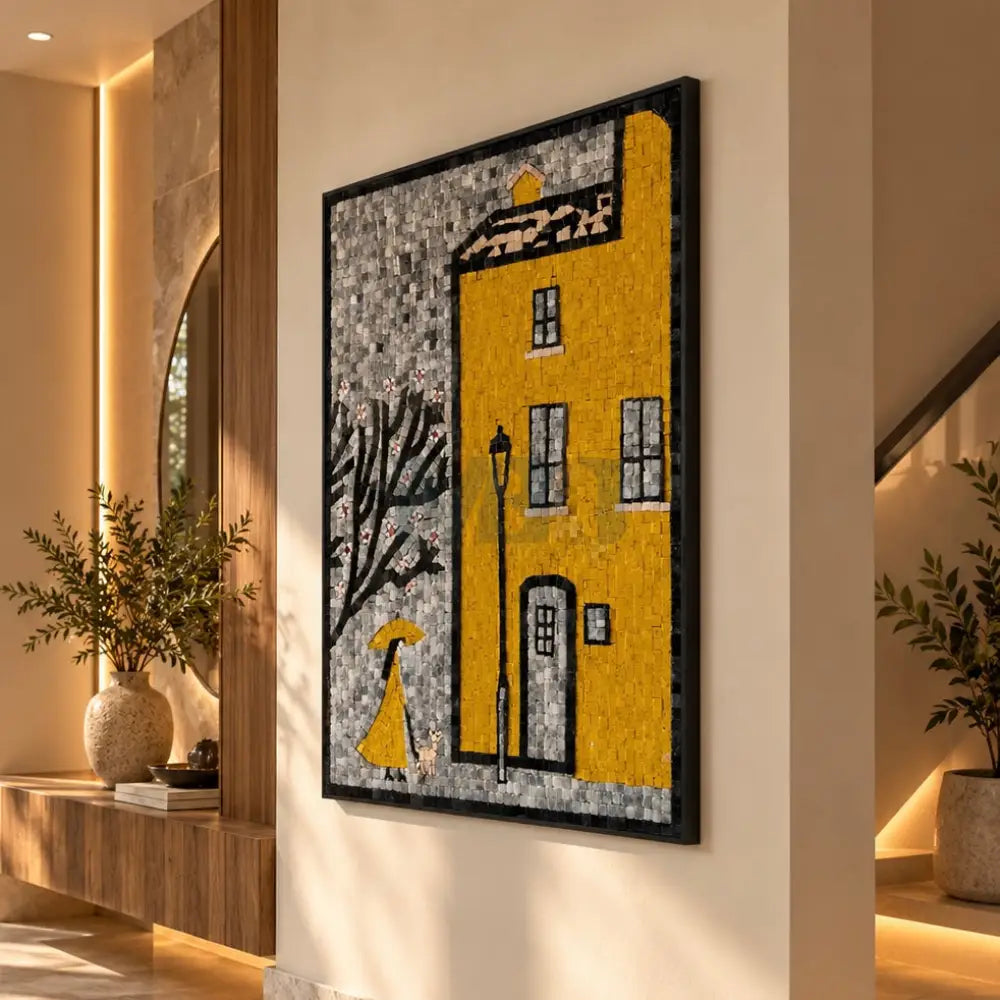 Artisan Premium Mosaic Artwork Hanging – Modern Yellow City & Umbrella Motif