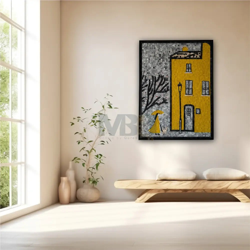 Artisan Premium Mosaic Artwork Hanging – Modern Yellow City & Umbrella Motif 32” x 24”