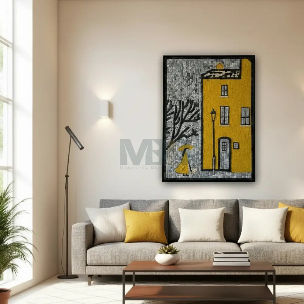 Artisan Premium Mosaic Artwork Hanging – Modern Yellow City & Umbrella Motif 42’’ x 32’’