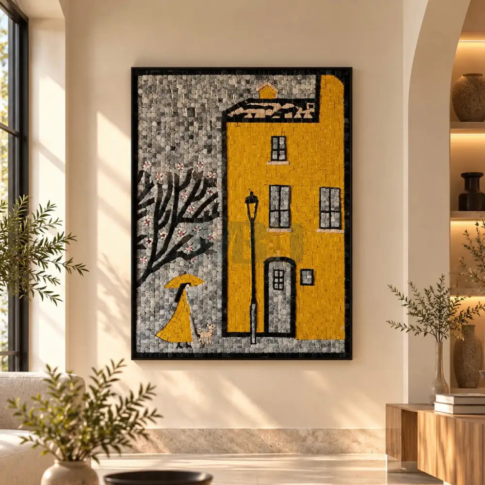 Artisan Premium Mosaic Artwork Hanging – Modern Yellow City & Umbrella Motif