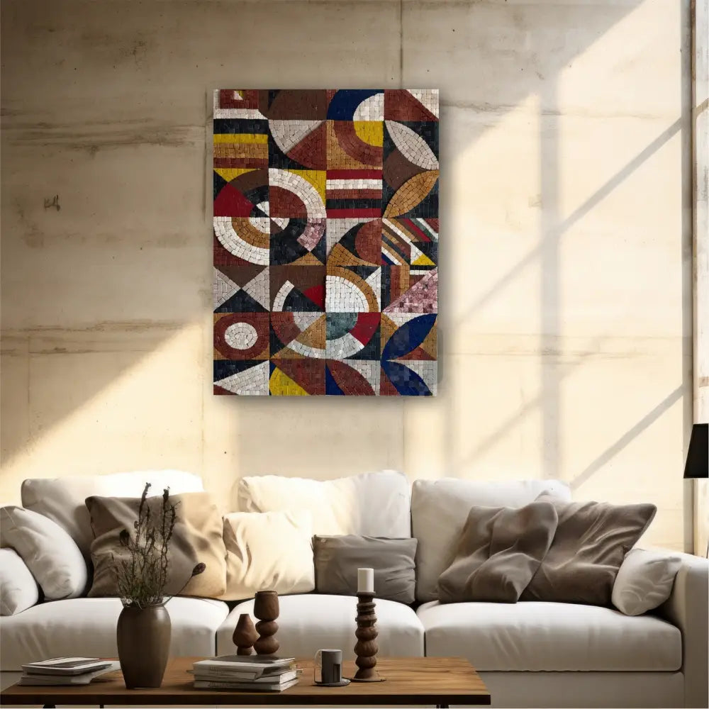 A geometric abstract mosaic wall art made from a blend of natural and artificial stones, displayed on a wall above a modern sofa setup.