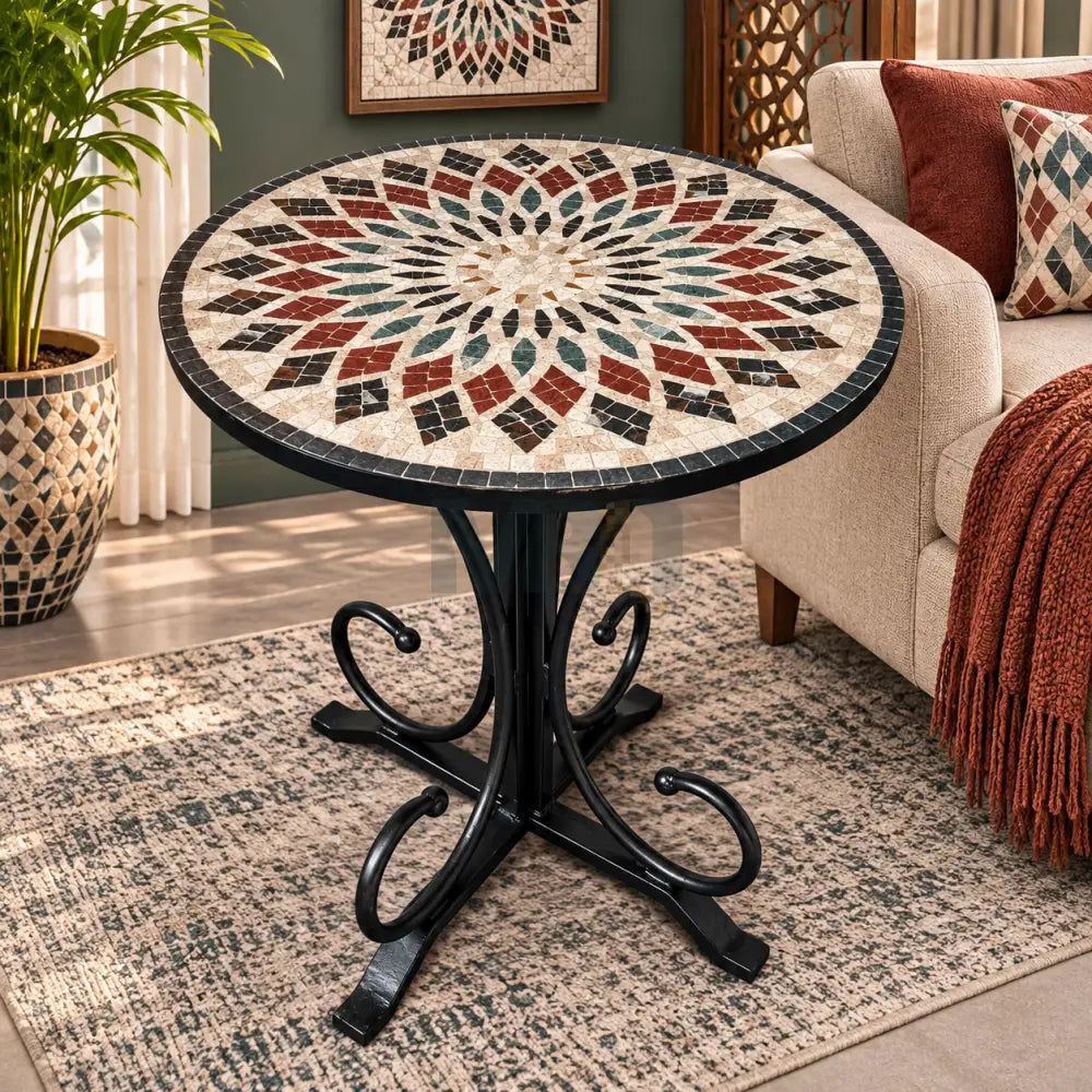 Aurora Mosaic Accent Cream Coffee Table - Ornate Curve Base for Economy Home Decor - 16” x 16” x 20”