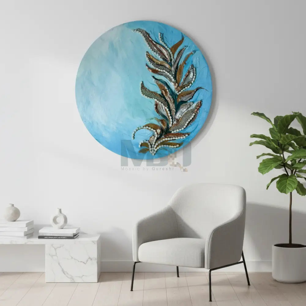 Azure Leaf Harmony - Handmade Mosaic Texture Artwork of Circular Spectacular Design 32’’ x 32’’