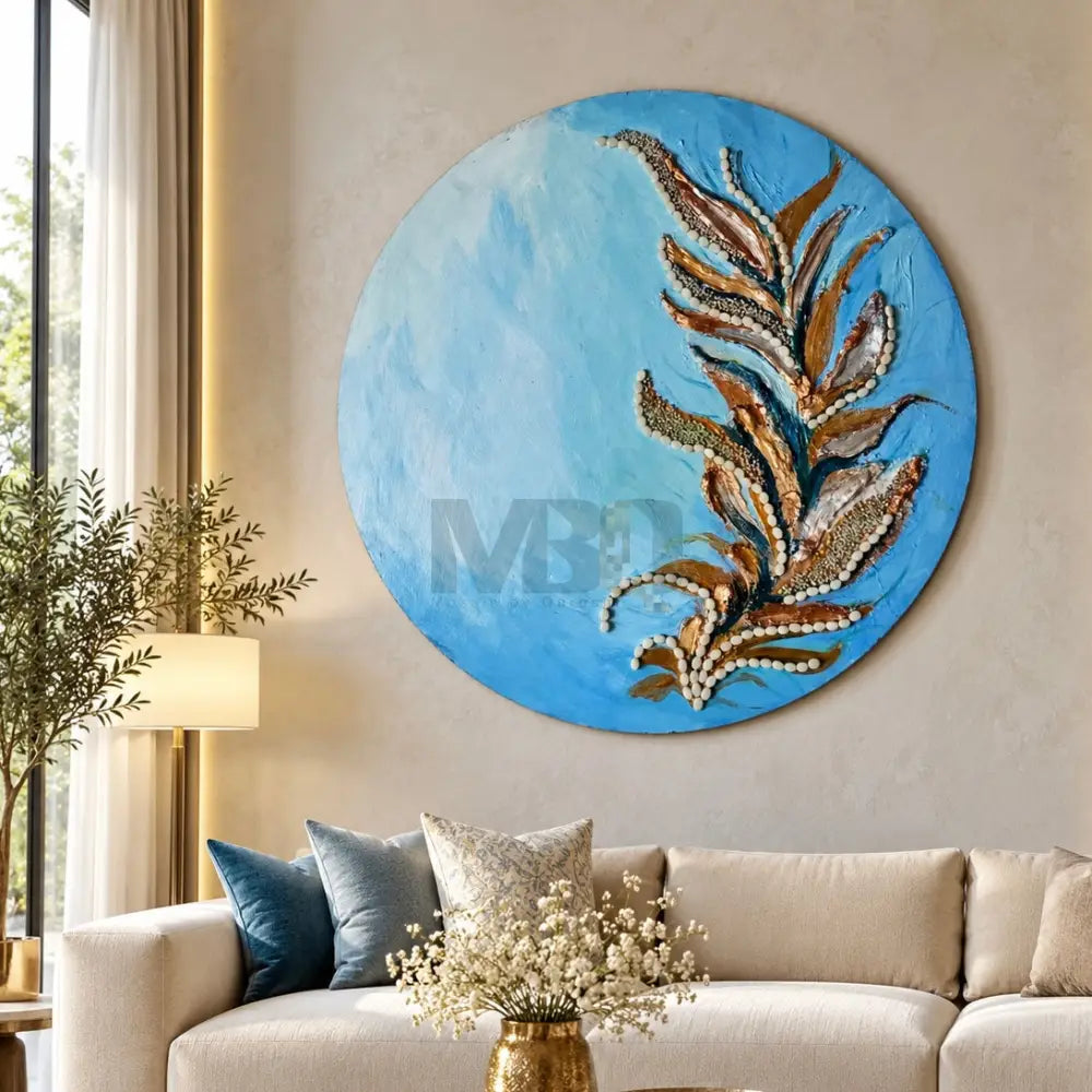 Azure Leaf Harmony - Handmade Mosaic Texture Artwork of Circular Spectacular Design