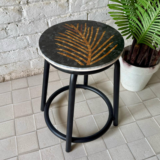 Palm Leaf Mosaic Stool – Handcrafted Natural Stone Seat with Modern Black Base