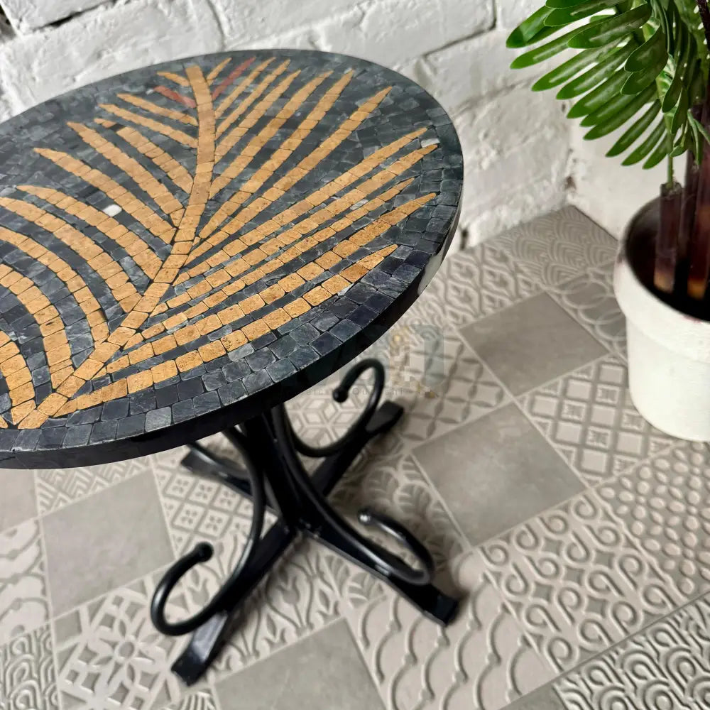 Black Tea Leaf Stone Coffee Table – Ornate Curve Base with Artisan Economy Home Decor 16” x 16” x 20”