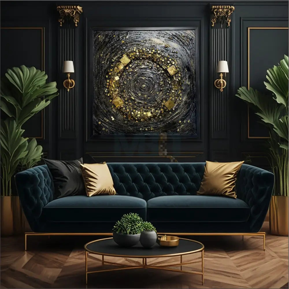 A handcrafted round stone mosaic wall art with a cosmic black hole design, displayed above a dark-colored sofa in a room with black walls and gold accents.