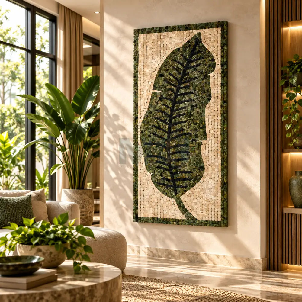Cream Leaf Design Stone Mosaic Wall Art – Handmade Natural Stones
