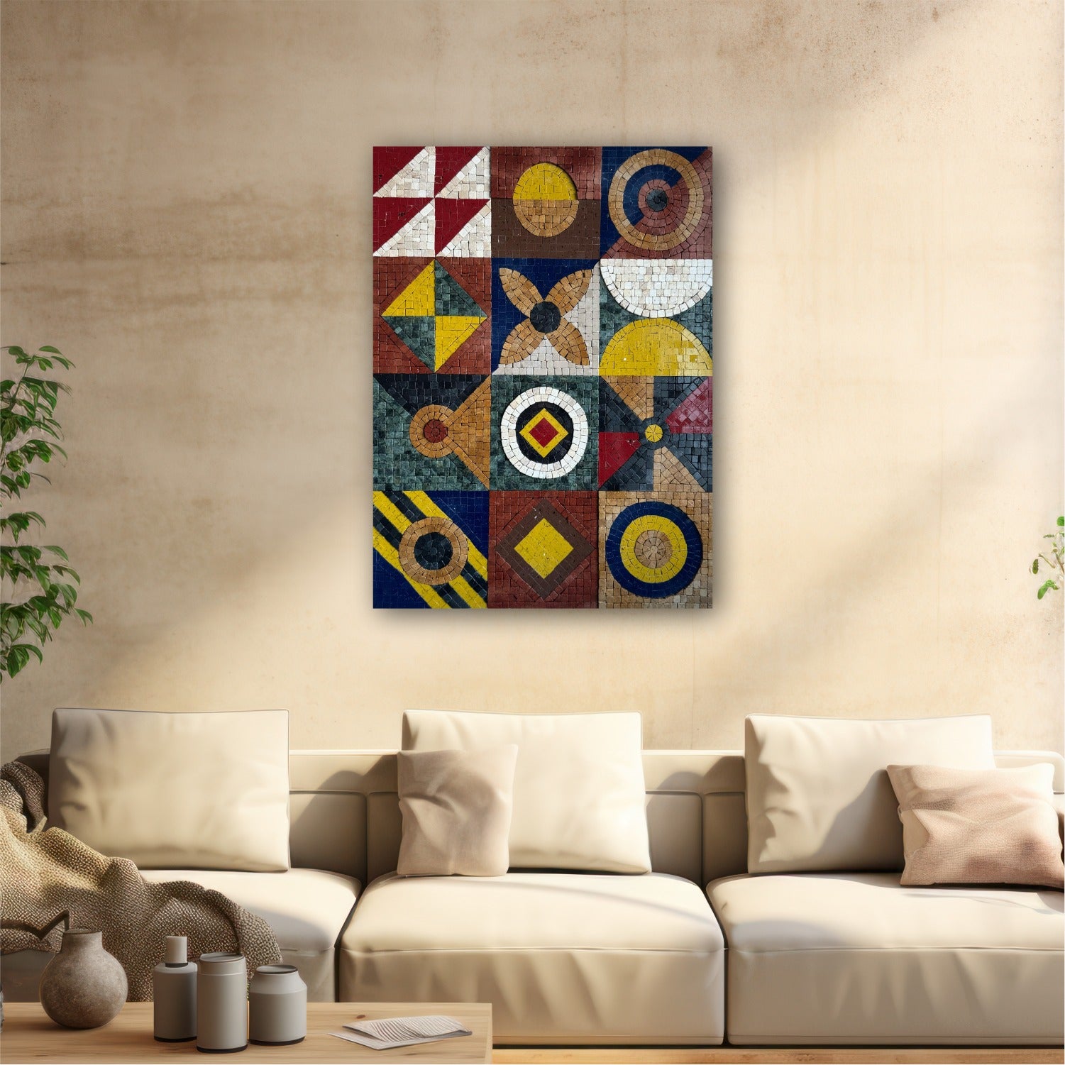 A vibrant abstract geometric mosaic wall art installed above a beige sofa, featuring a variety of natural and artificial stones in a range of colors.