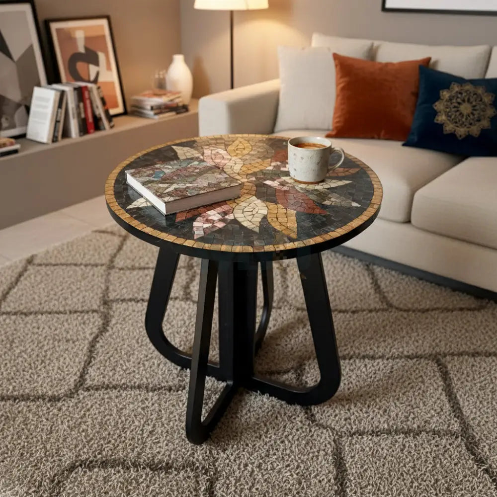 A round mosaic coffee table with a floral pattern and a black metal infinity loop base, placed on a patterned floor against a white brick wall.