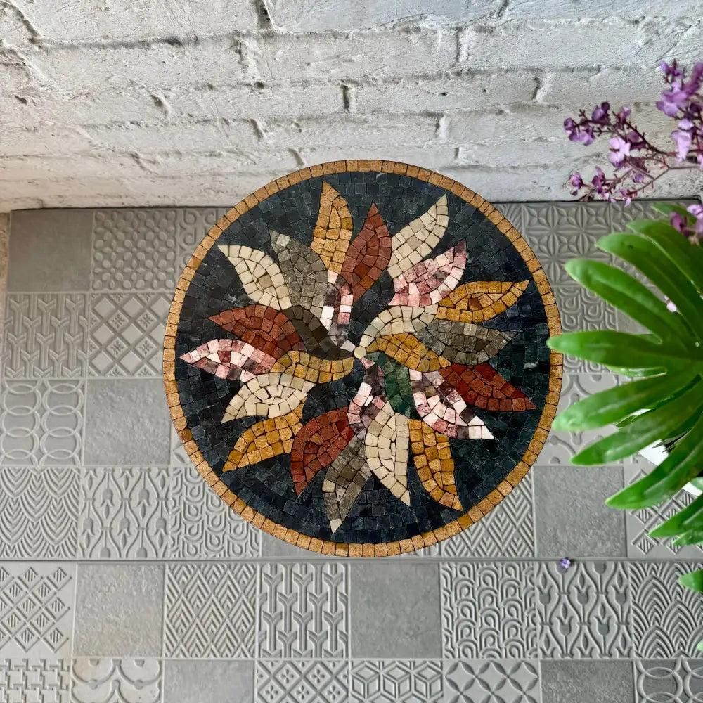 Dark Floral Harmony Mosaic Coffee Table - Ornate Curve Base with Mosaic Art Patterns 16” x 16” x 20”