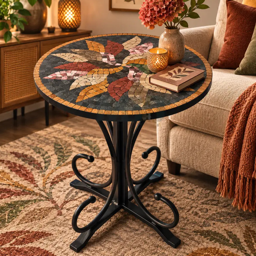 Dark Floral Harmony Mosaic Coffee Table - Ornate Curve Base with Mosaic Art Patterns - 16” x 16” x 20”