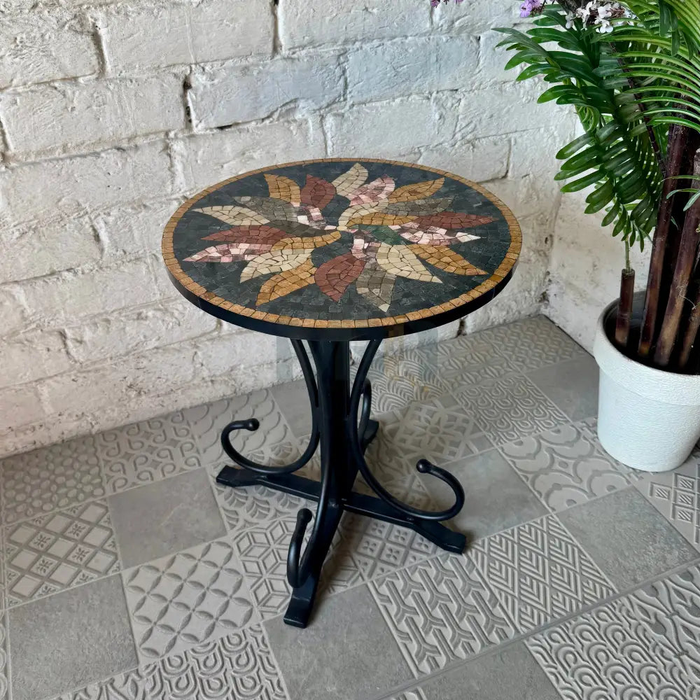 Dark Floral Harmony Mosaic Coffee Table - Ornate Curve Base with Mosaic Art Patterns 16” x 16” x 20”