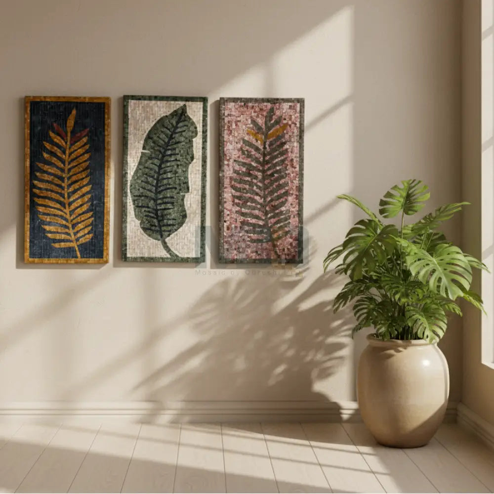 Dark Leaf Design Stone Mosaic Wall Art – Handmade Natural Stones