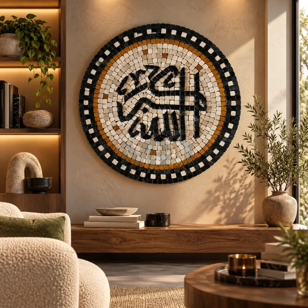 Elegant ’Allah Hu Akbar’ Islamic Calligraphy in Black & Cream Stone Mosaic - Wall Hangings