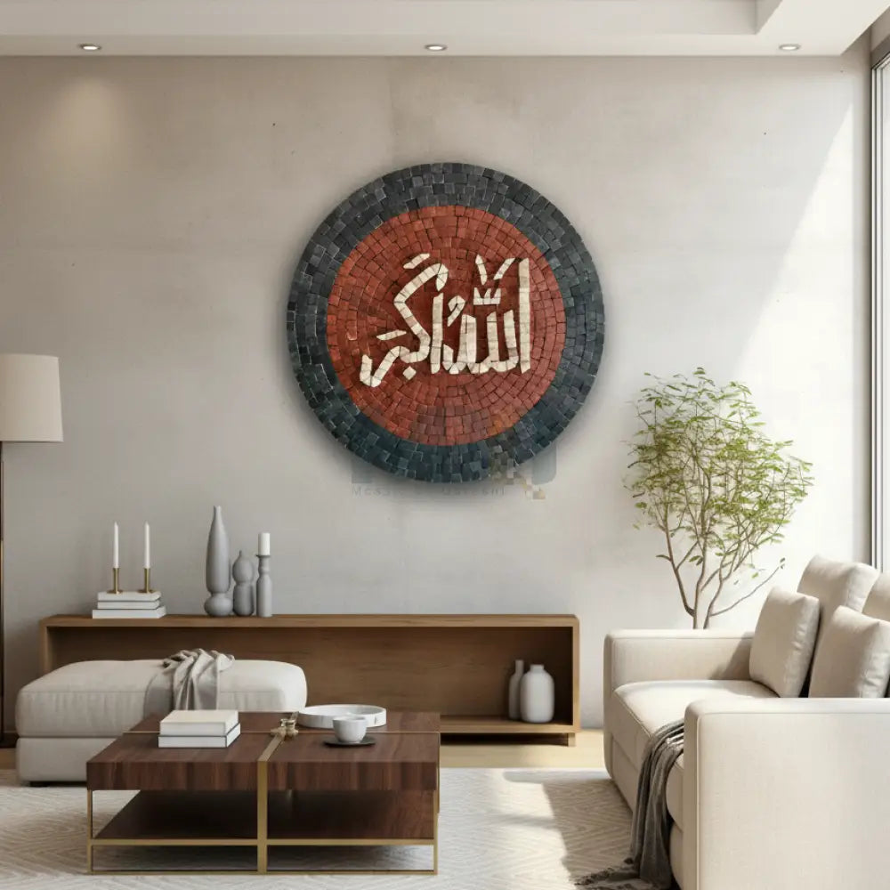 Modern living room with a decorative wall piece featuring Arabic calligraphy.
