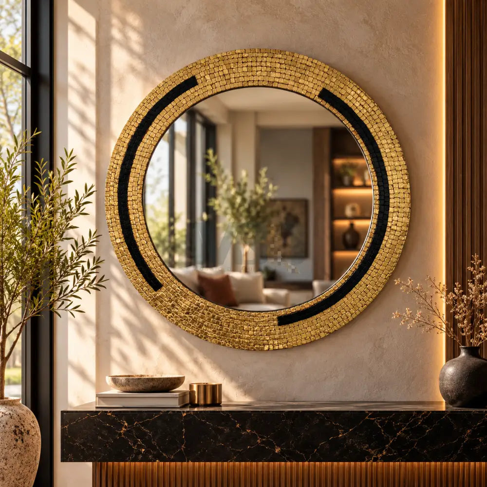 Elegant Wall Mirror with Gold-Plated Stone Accents for Office Spaces - 32’’x32’’ - Wall Hangings