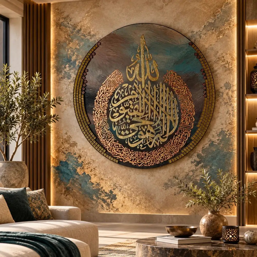 Embossed Mosaic Artwork of Ayat-ul-Kursi with Golden Metallic Fonts of Home Decor - 48” x 48”