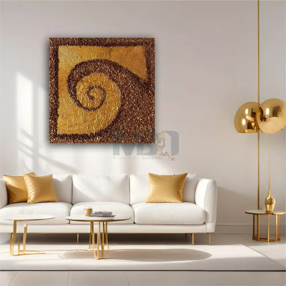 A handcrafted gold mosaic texture panel with a spiral design, displayed on a wall above a white sofa and beside a gold floor lamp.