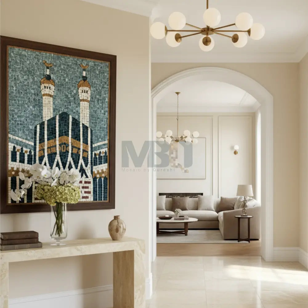 Decorative mosaic of a Khana Kabba on a wall in a stylish living room.