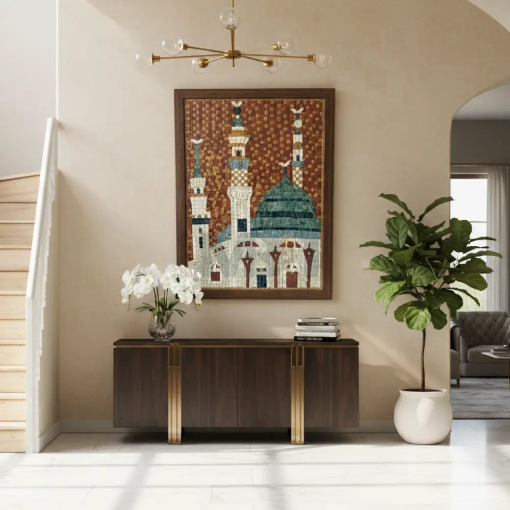 Decorative wall art of Masjid Nabwi designs in a modern living room.